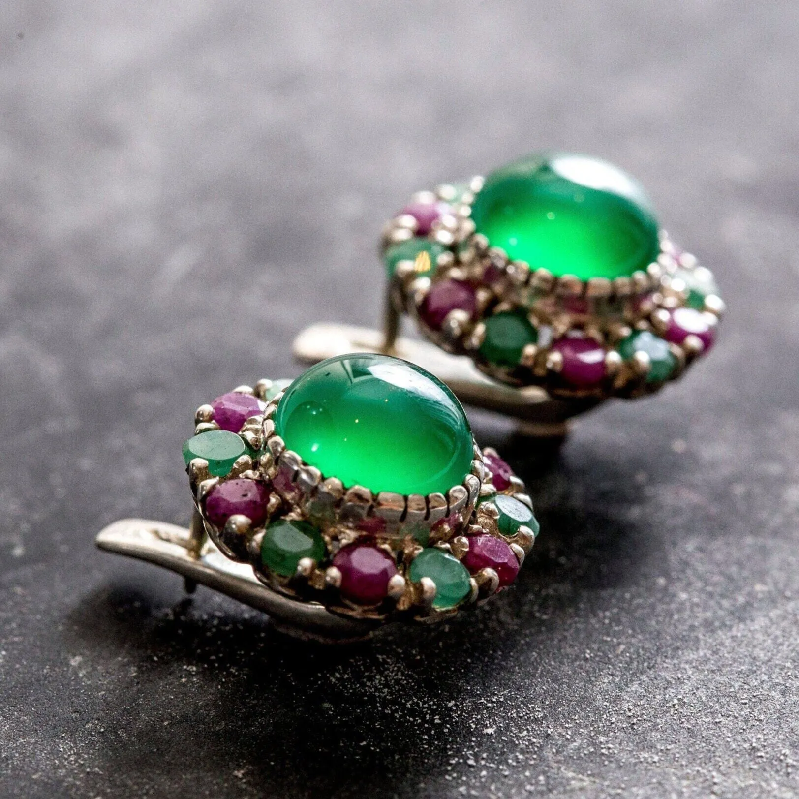 Emerald Flower Earrings - Ruby Victorian Earrings - Green Statement Earrings