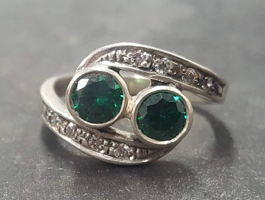 Emerald Ring - Green Round Ring - Two Stone Ring