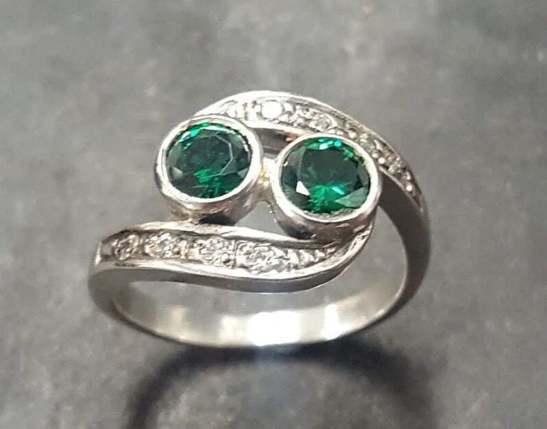 Emerald Ring - Green Round Ring - Two Stone Ring