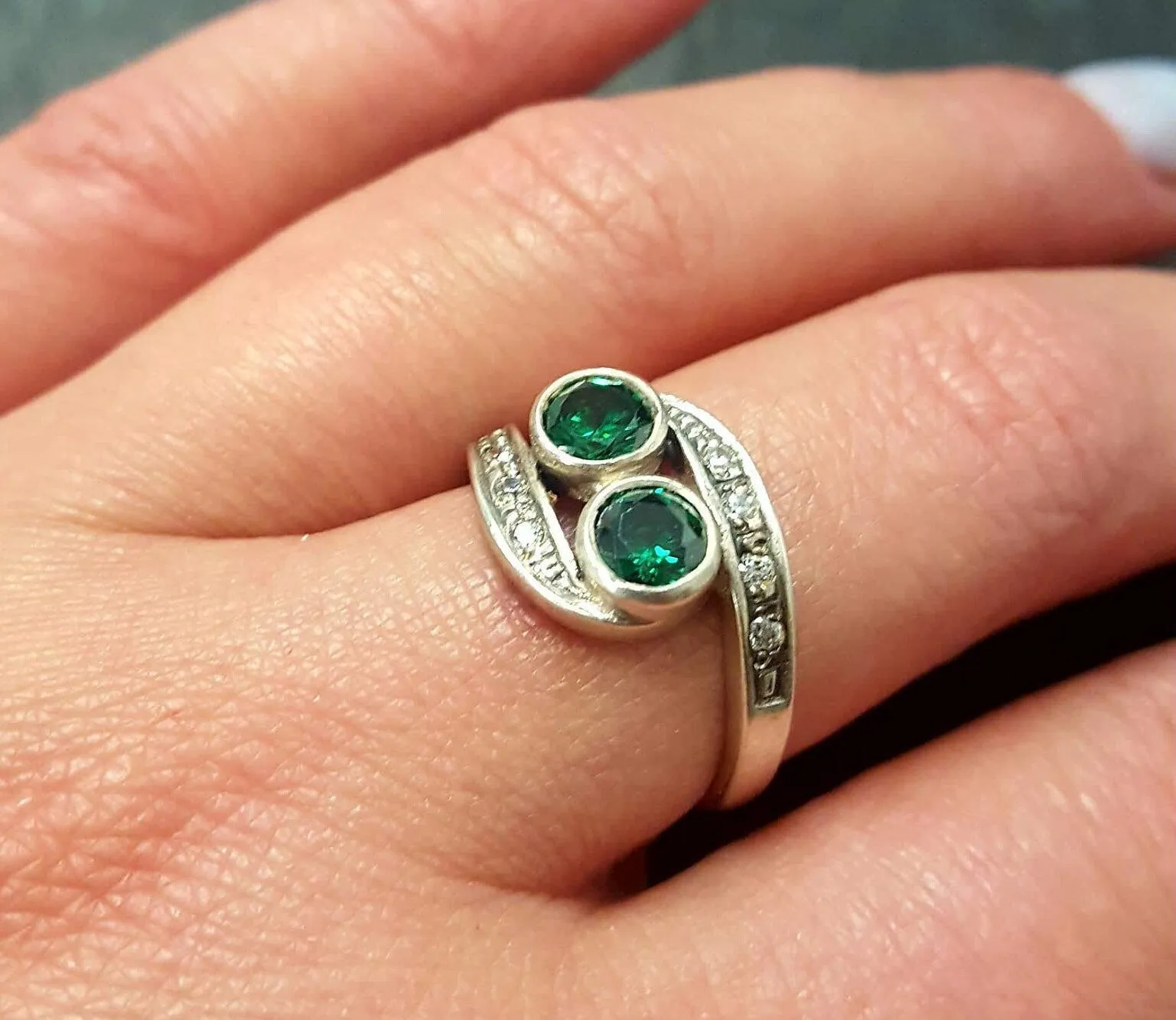 Emerald Ring - Green Round Ring - Two Stone Ring