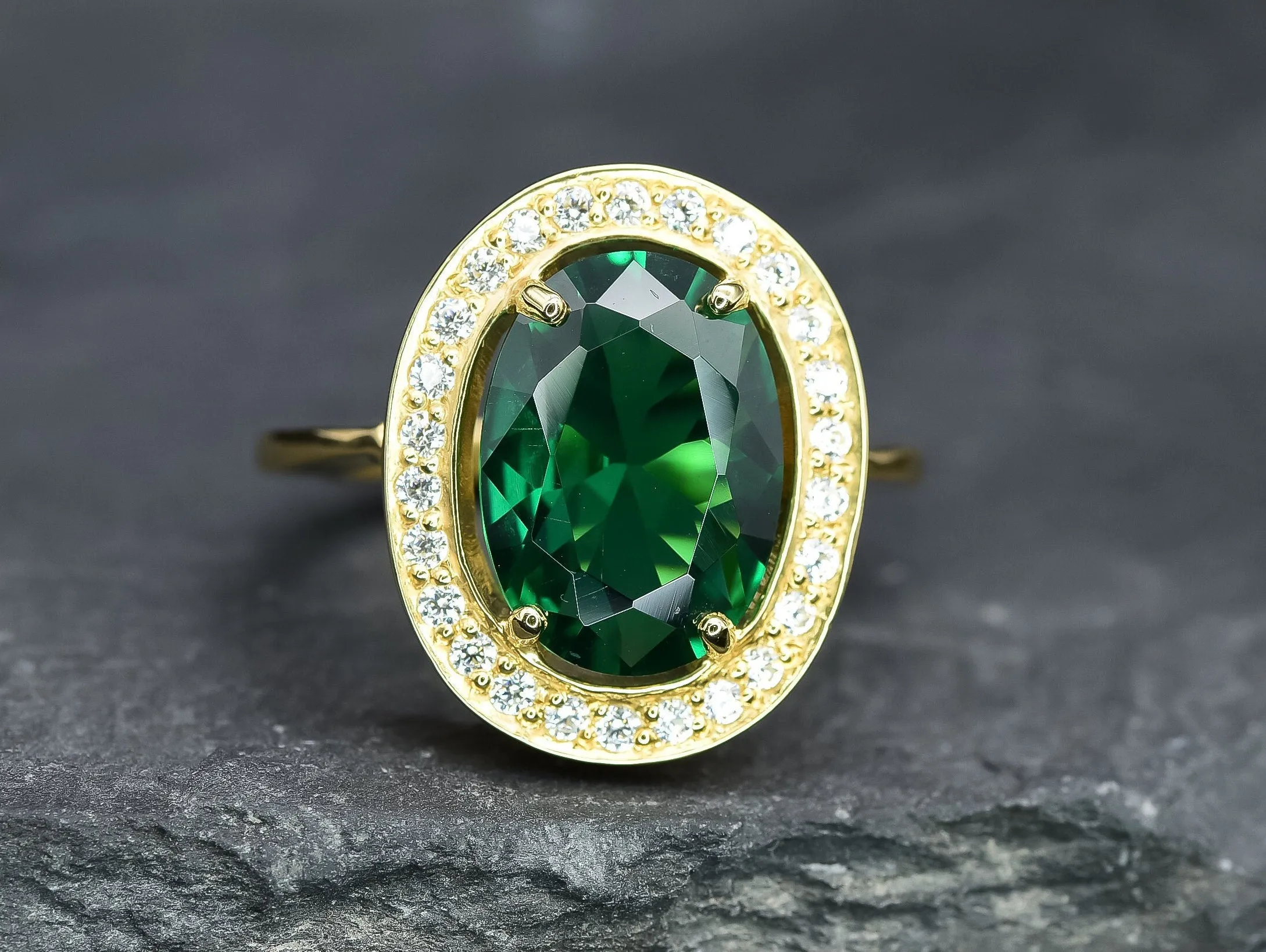 Emerald Statement Ring - Gold Halo Ring - Emerald Gold Ring