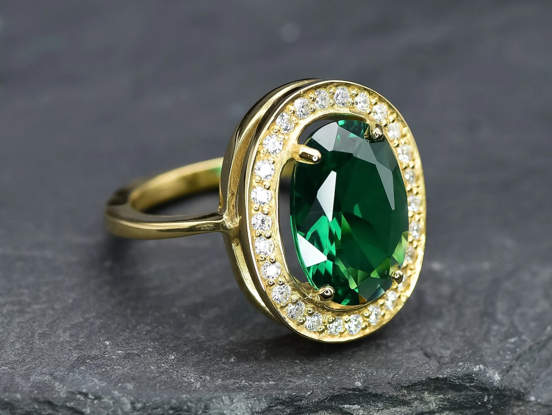 Emerald Statement Ring - Gold Halo Ring - Emerald Gold Ring