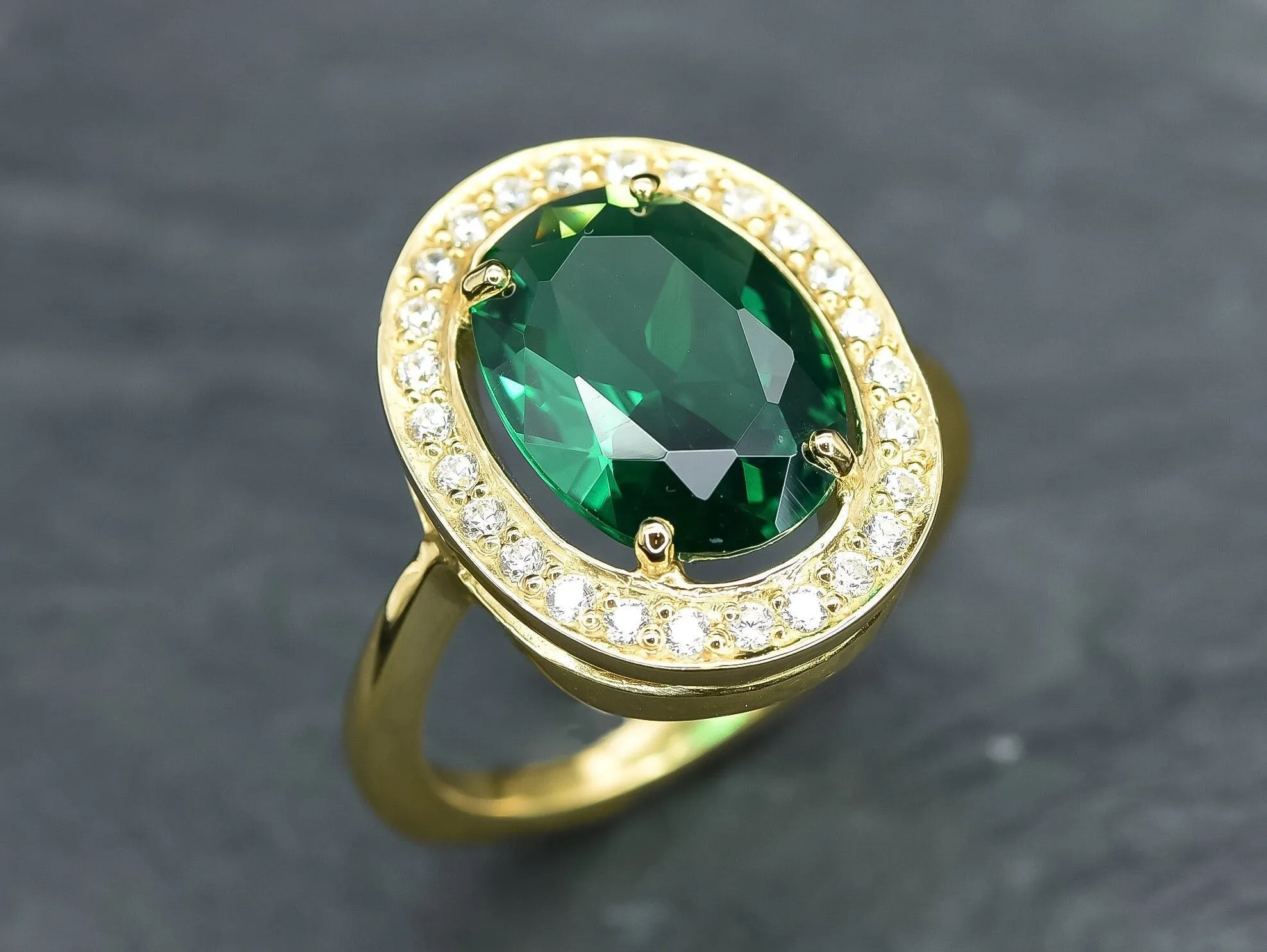 Emerald Statement Ring - Gold Halo Ring - Emerald Gold Ring