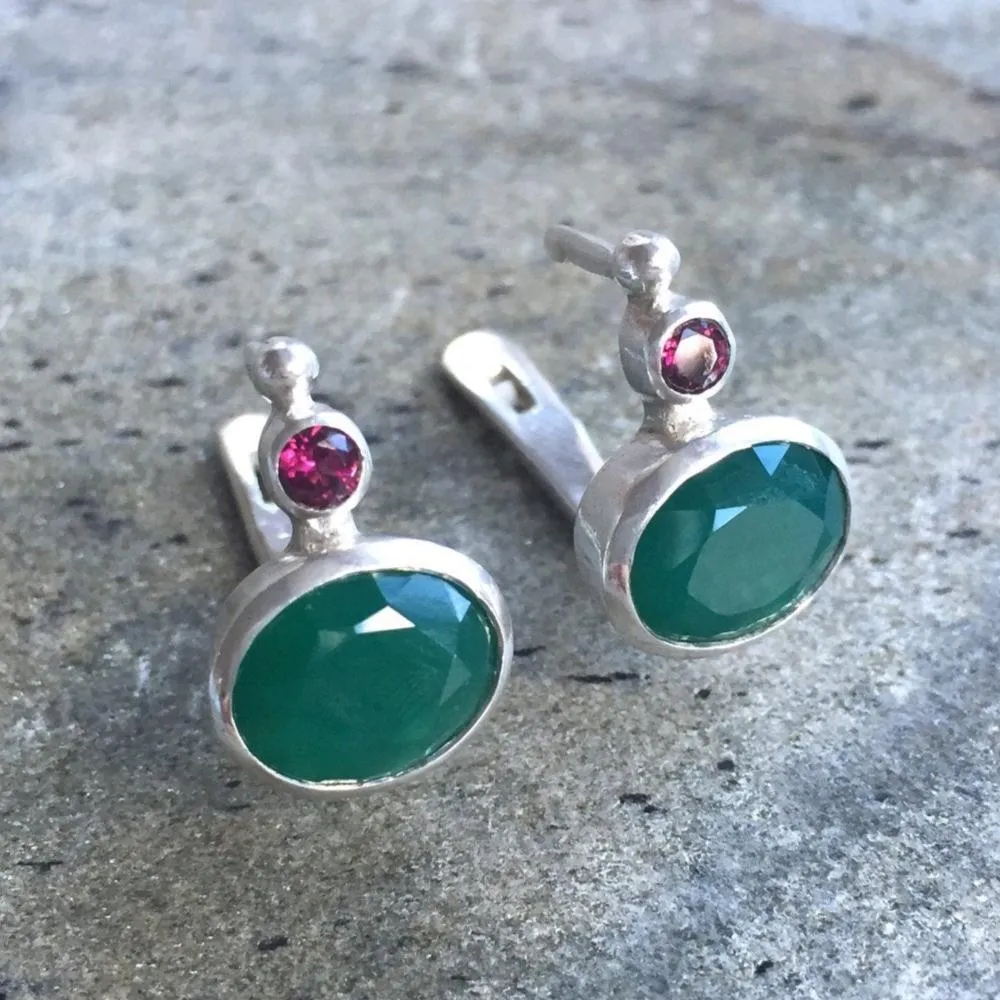 Emerald Vintage Earrings - Two Stone Earrings - Garnet Silver Earrings