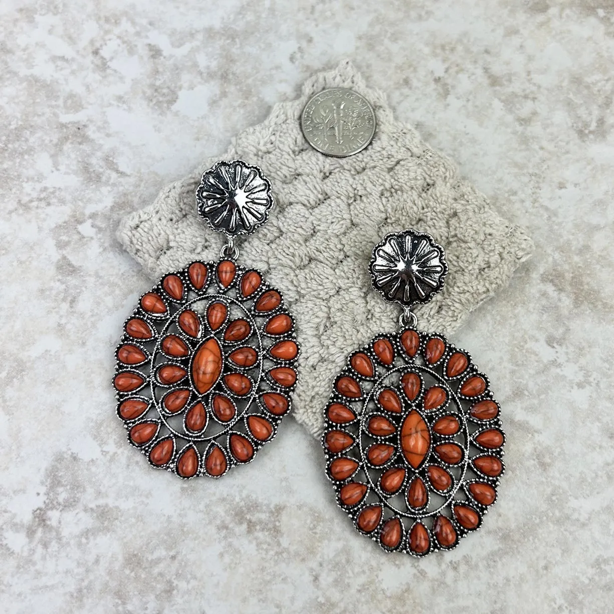 ER211230-03    Natural Stone Oval Concho Earring