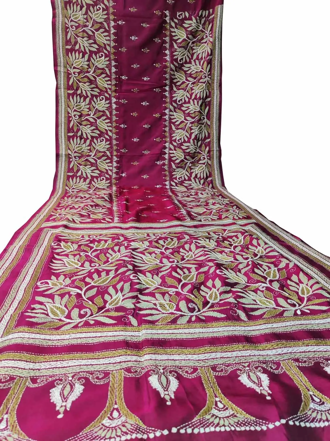 Exquisite Pink Kantha Work Bangalore Silk Saree