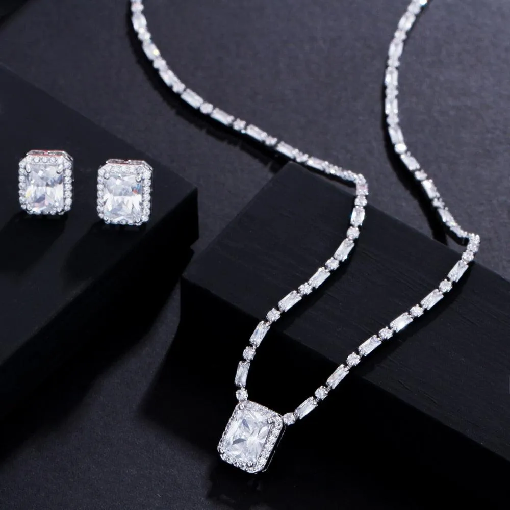 Fabulous Shiny Square Cut AAA  Cubic Zirconia Diamonds Light Blue White Gold Color Jewelry Set