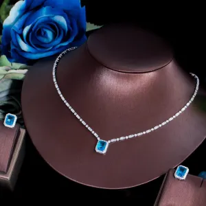 Fabulous Shiny Square Cut AAA  Cubic Zirconia Diamonds Light Blue White Gold Color Jewelry Set