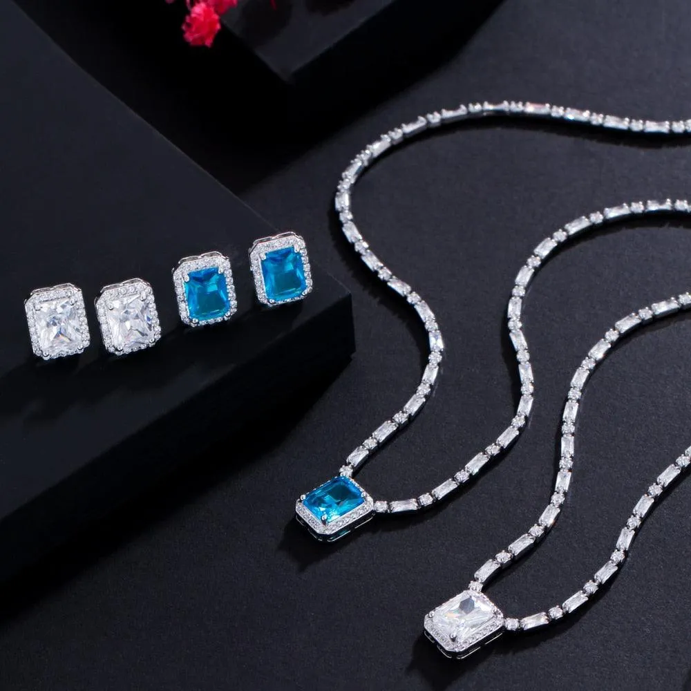 Fabulous Shiny Square Cut AAA  Cubic Zirconia Diamonds Light Blue White Gold Color Jewelry Set