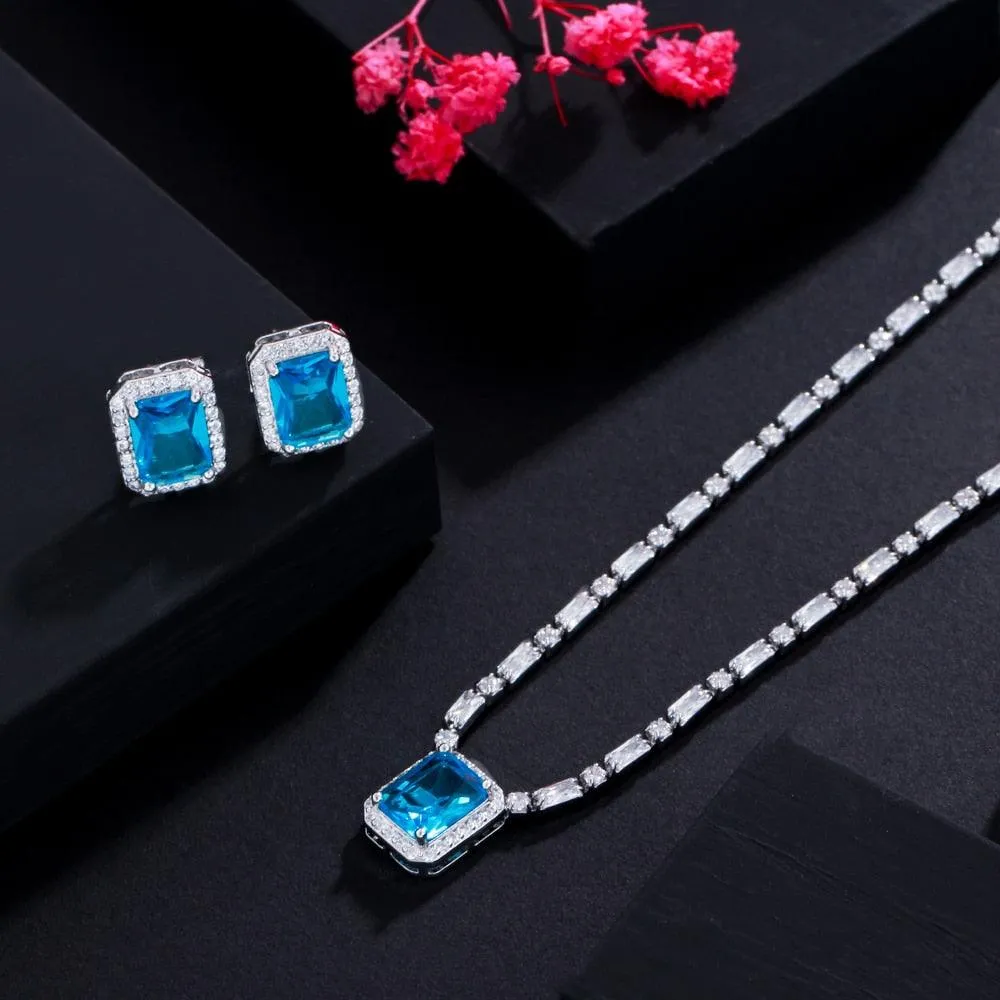 Fabulous Shiny Square Cut AAA  Cubic Zirconia Diamonds Light Blue White Gold Color Jewelry Set