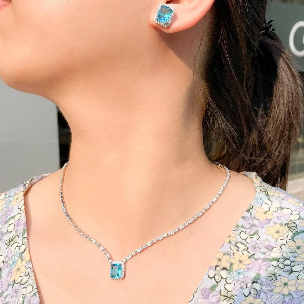 Fabulous Shiny Square Cut AAA  Cubic Zirconia Diamonds Light Blue White Gold Color Jewelry Set