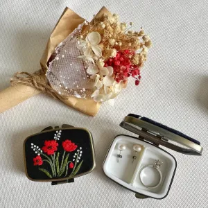 Floral Embroidered Rectangle Mini Jewelry Box - Red Poppy