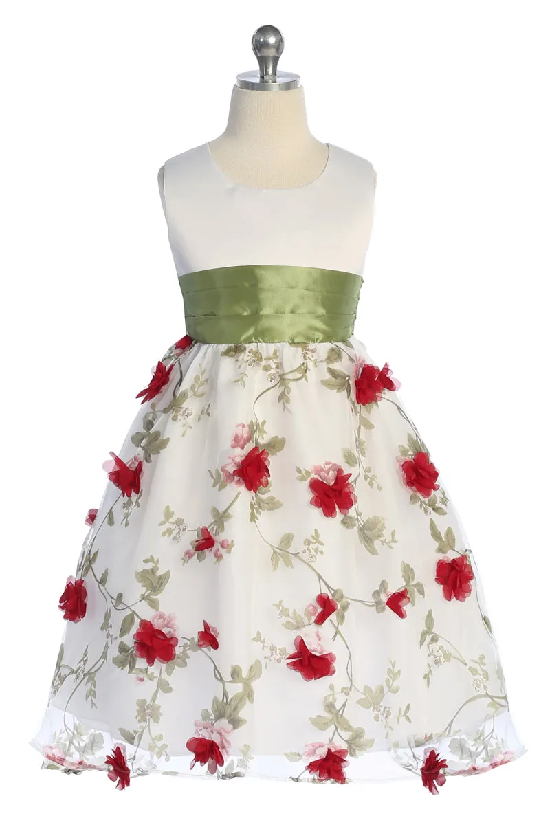 Girls Elegant Floral Embroidered Dress with Sash 2-12