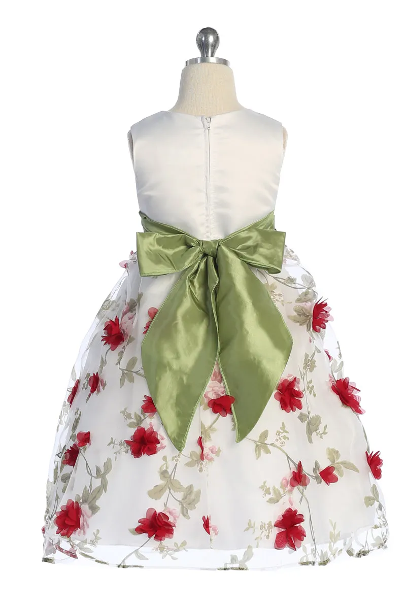 Girls Elegant Floral Embroidered Dress with Sash 2-12