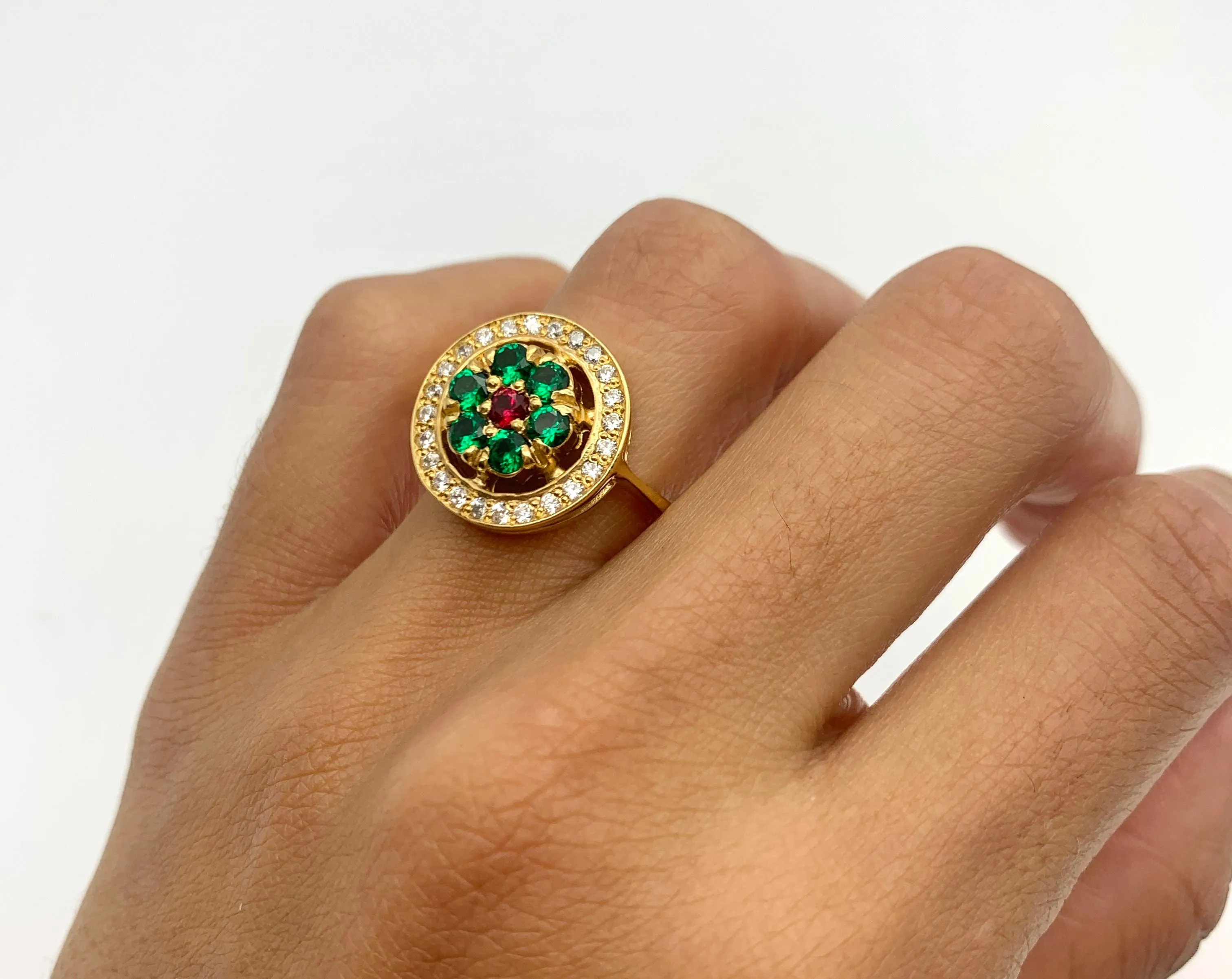 Gold Emerald Ring - Ruby Flower Ring - Flower Halo Ring