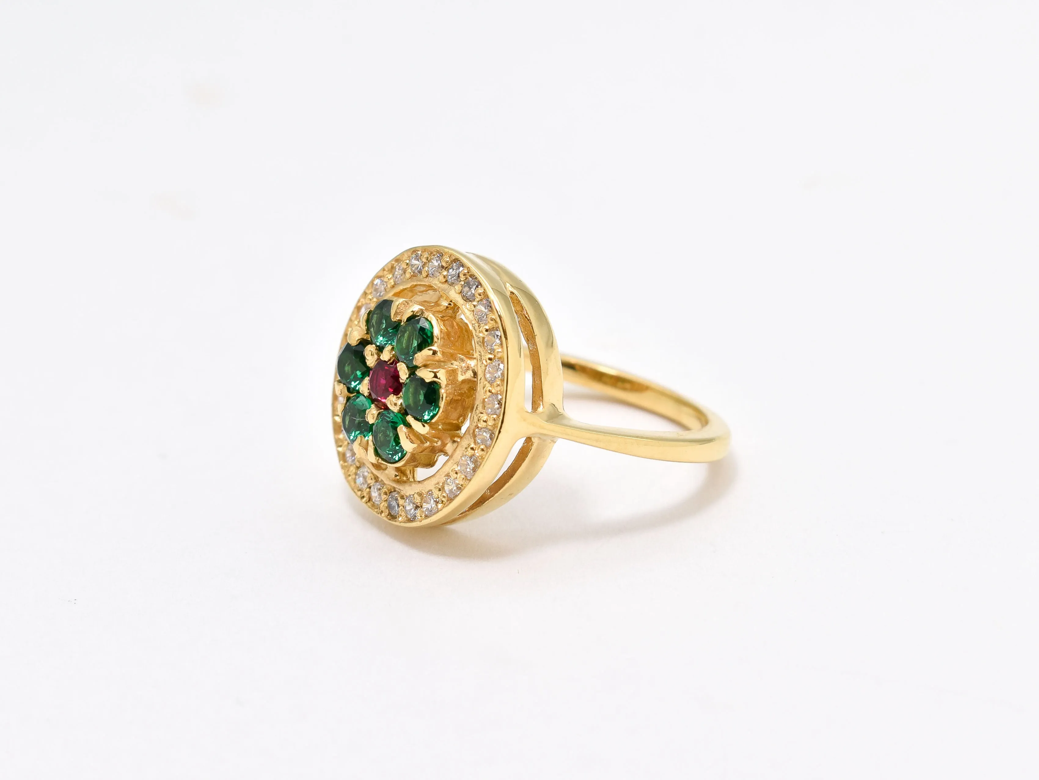 Gold Emerald Ring - Ruby Flower Ring - Flower Halo Ring