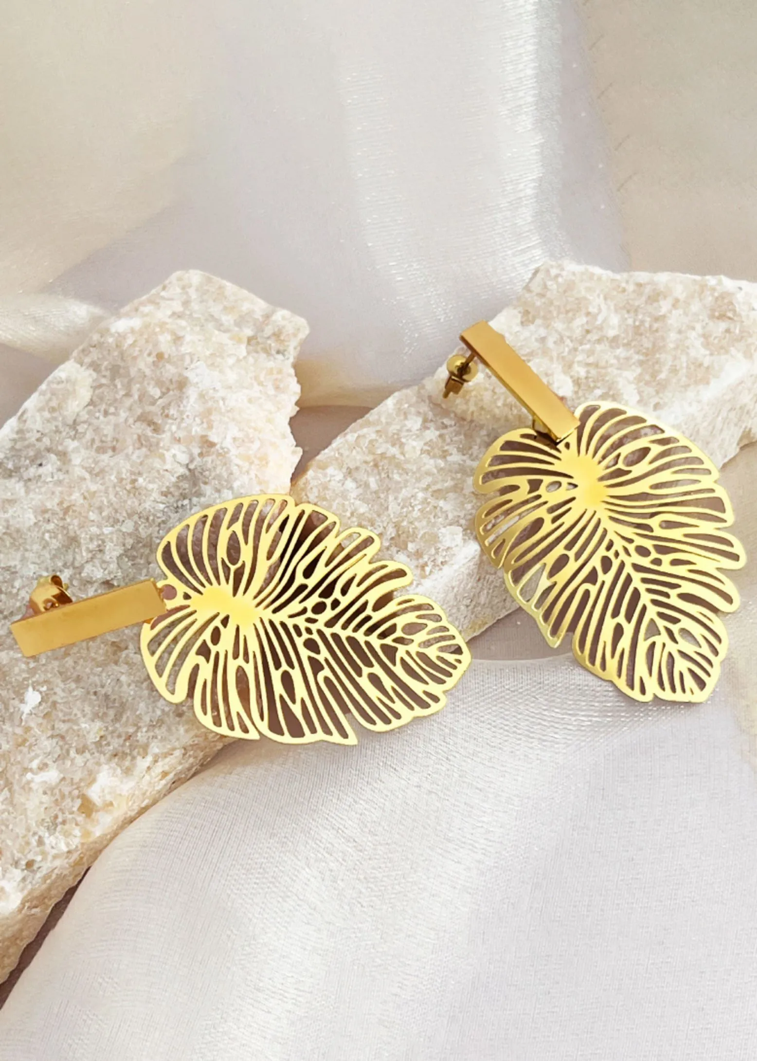 Gold Plate Stainless Steel Double Leaf Drop Earrings