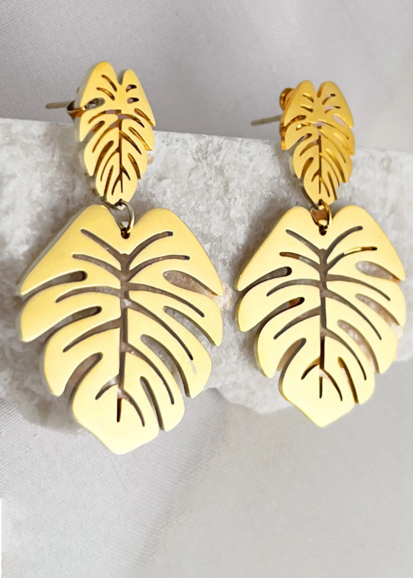 Gold Plate Stainless Steel Double Leaf Drop Earrings