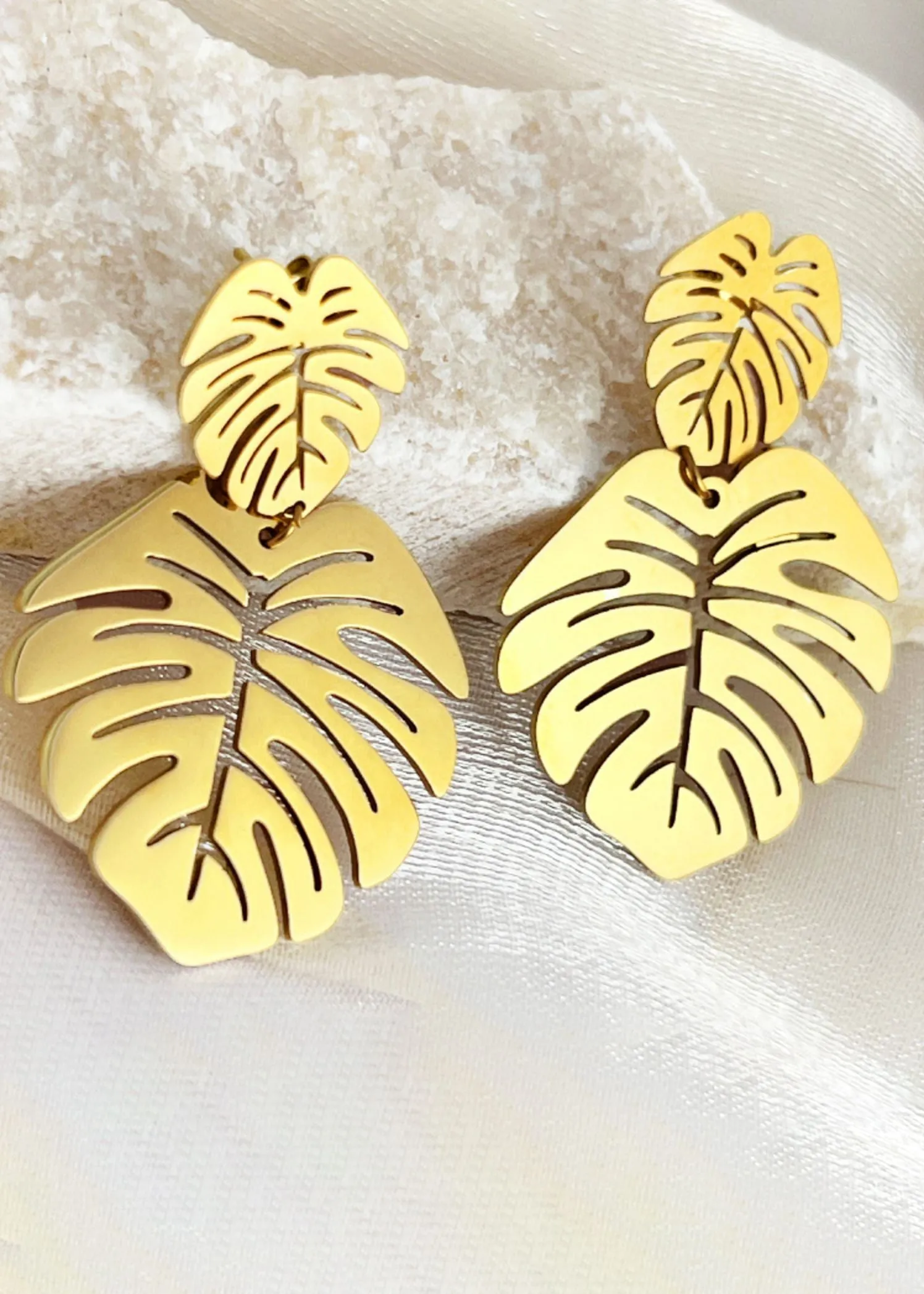 Gold Plate Stainless Steel Double Leaf Drop Earrings