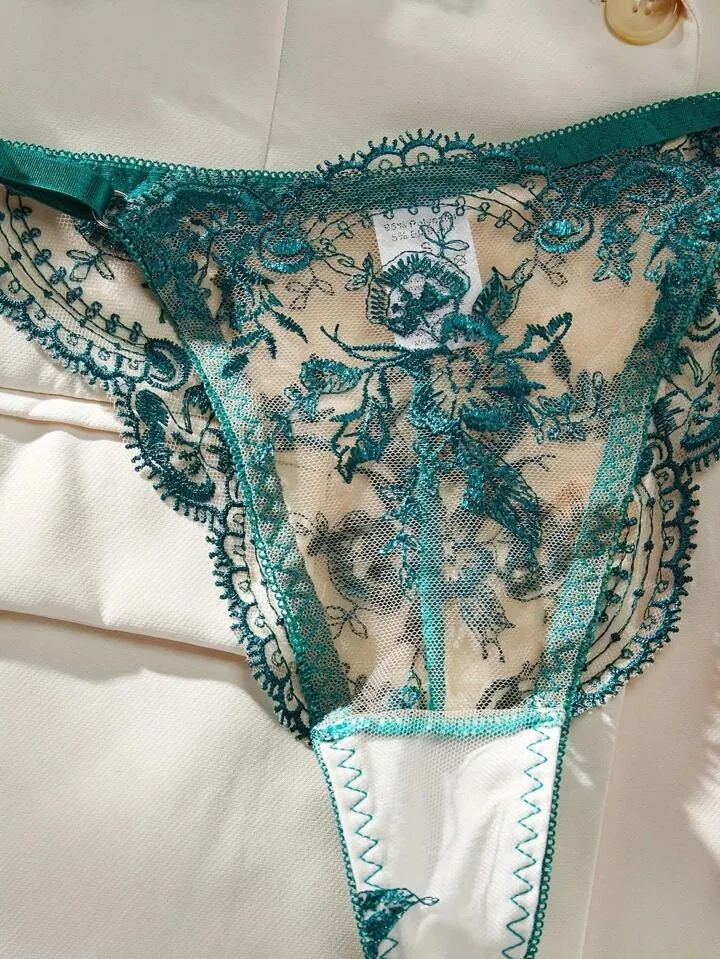 Green Lingerie Embroidered Floral Set Sheer Lace