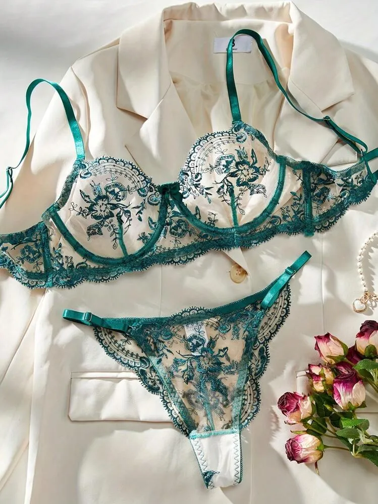 Green Lingerie Embroidered Floral Set Sheer Lace