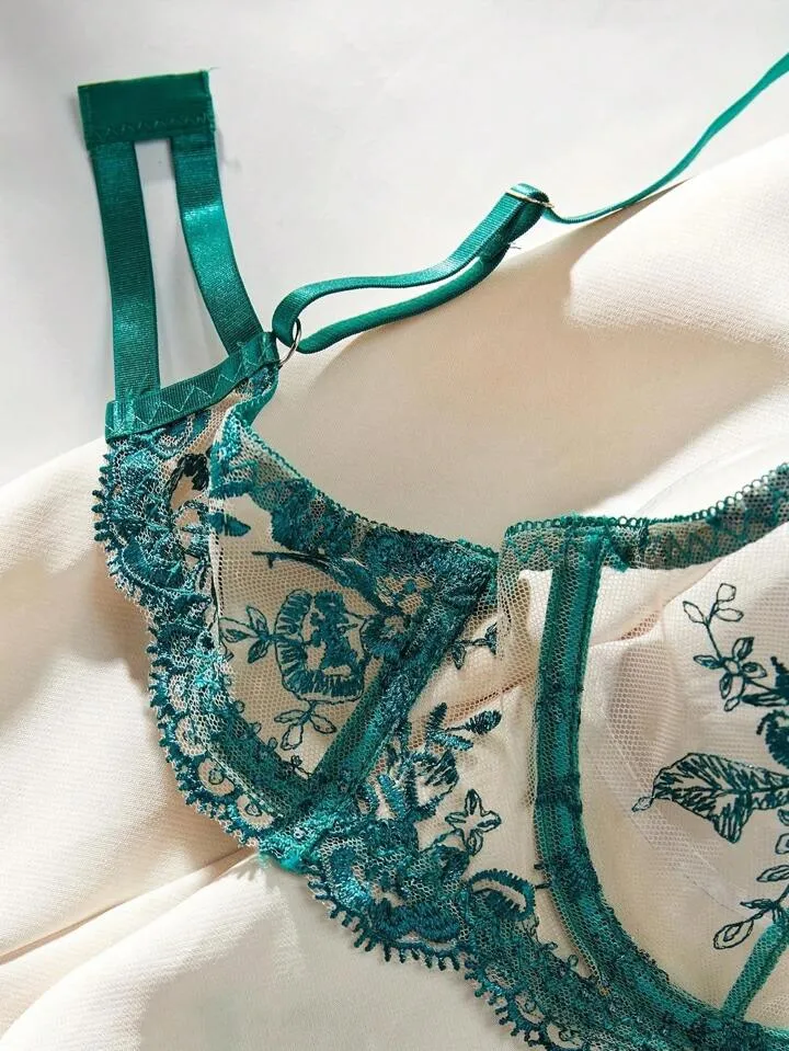 Green Lingerie Embroidered Floral Set Sheer Lace