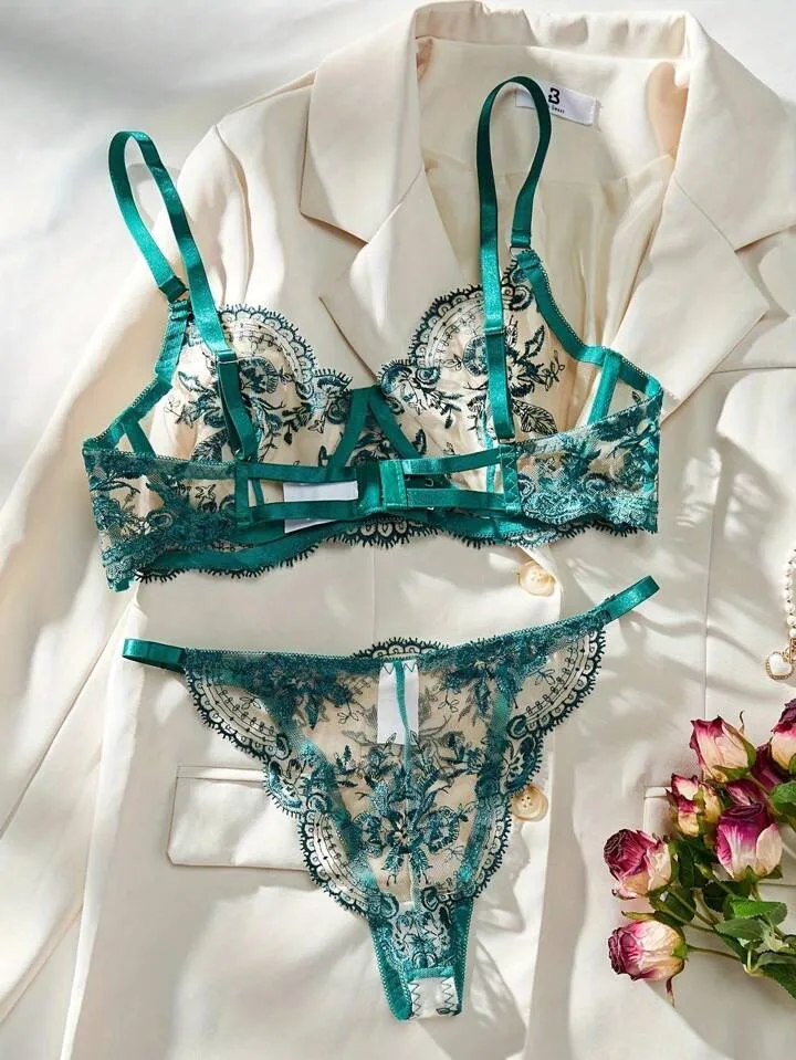 Green Lingerie Embroidered Floral Set Sheer Lace