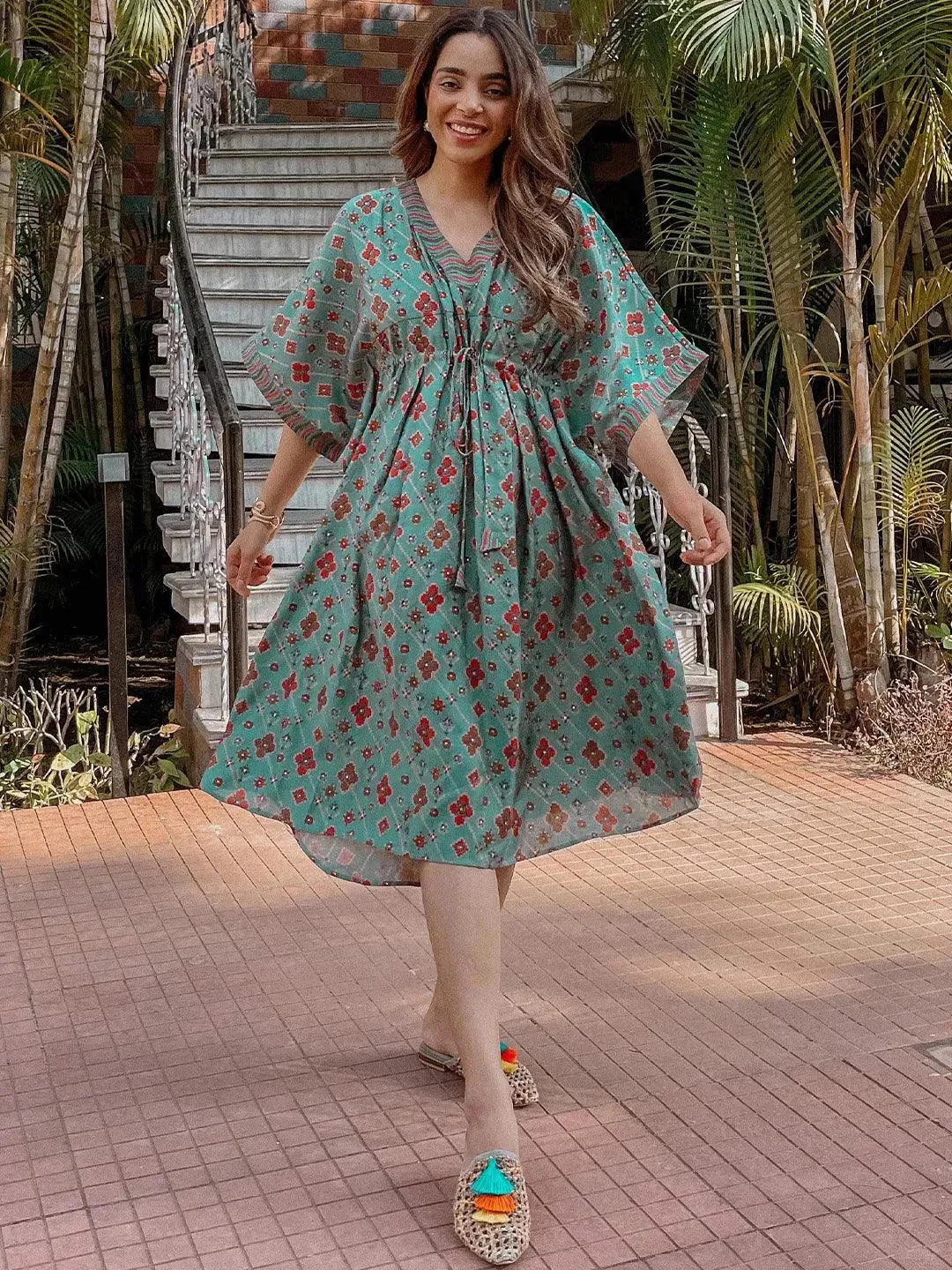 Green Printed Kaftan Dress