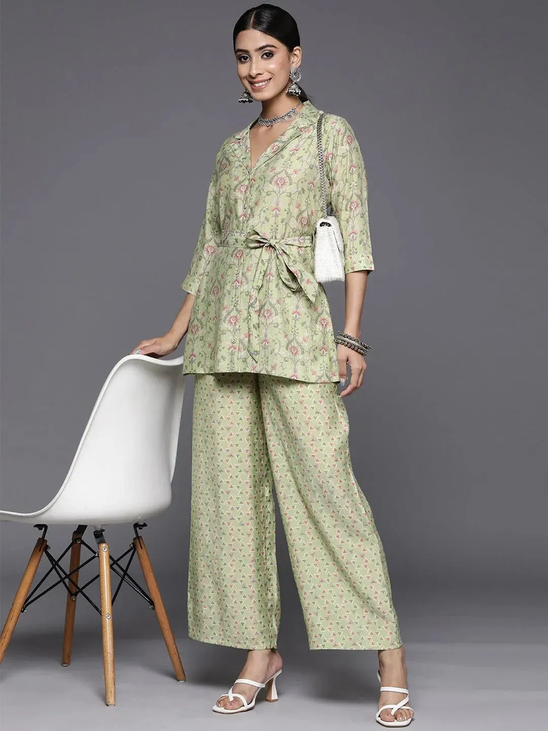 Green Printed Silk Blend Shirt With Palazzos