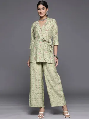 Green Printed Silk Blend Shirt With Palazzos