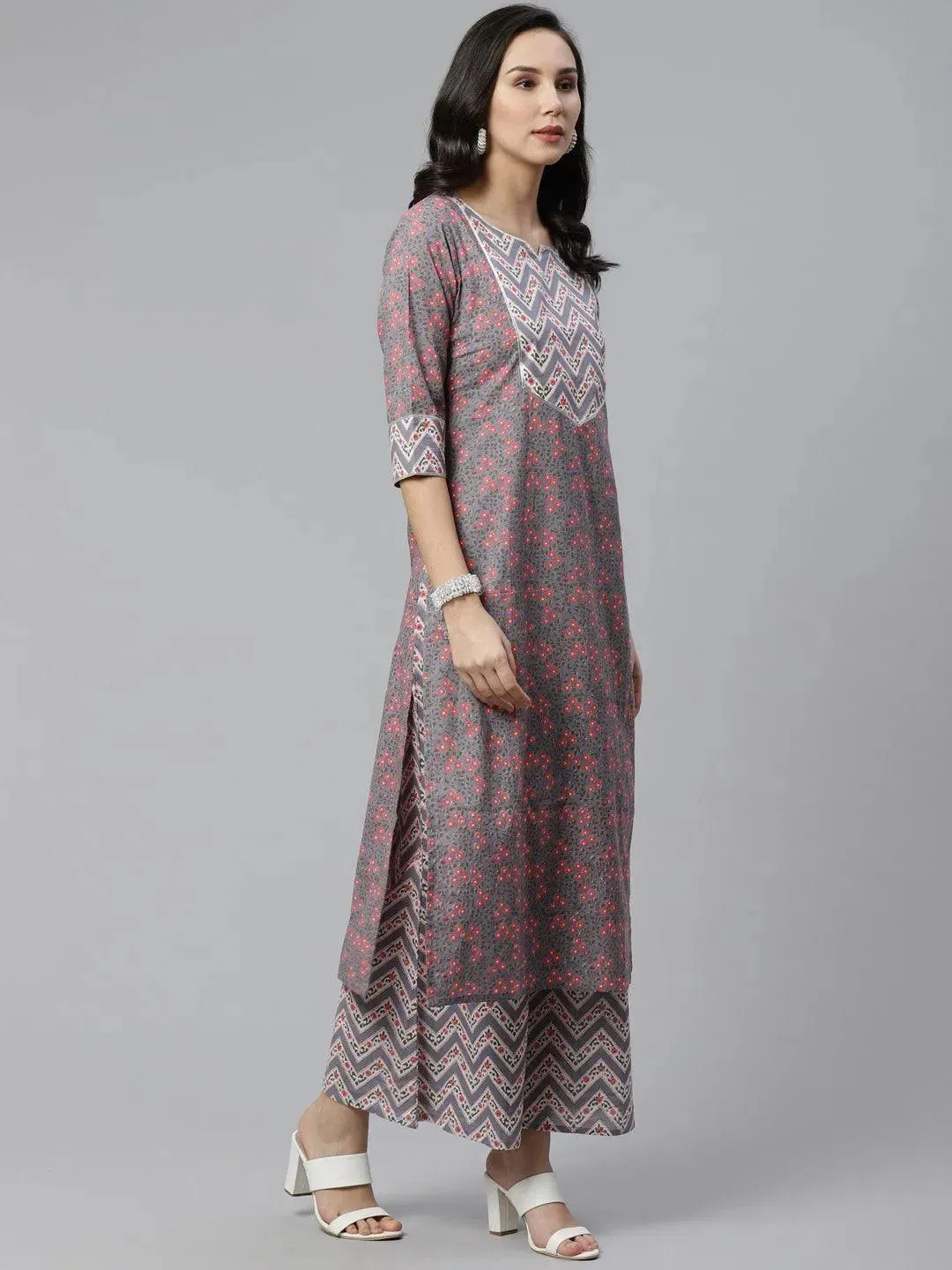 Grey Printed Cotton Straight Kurta With Palazzos & Stole