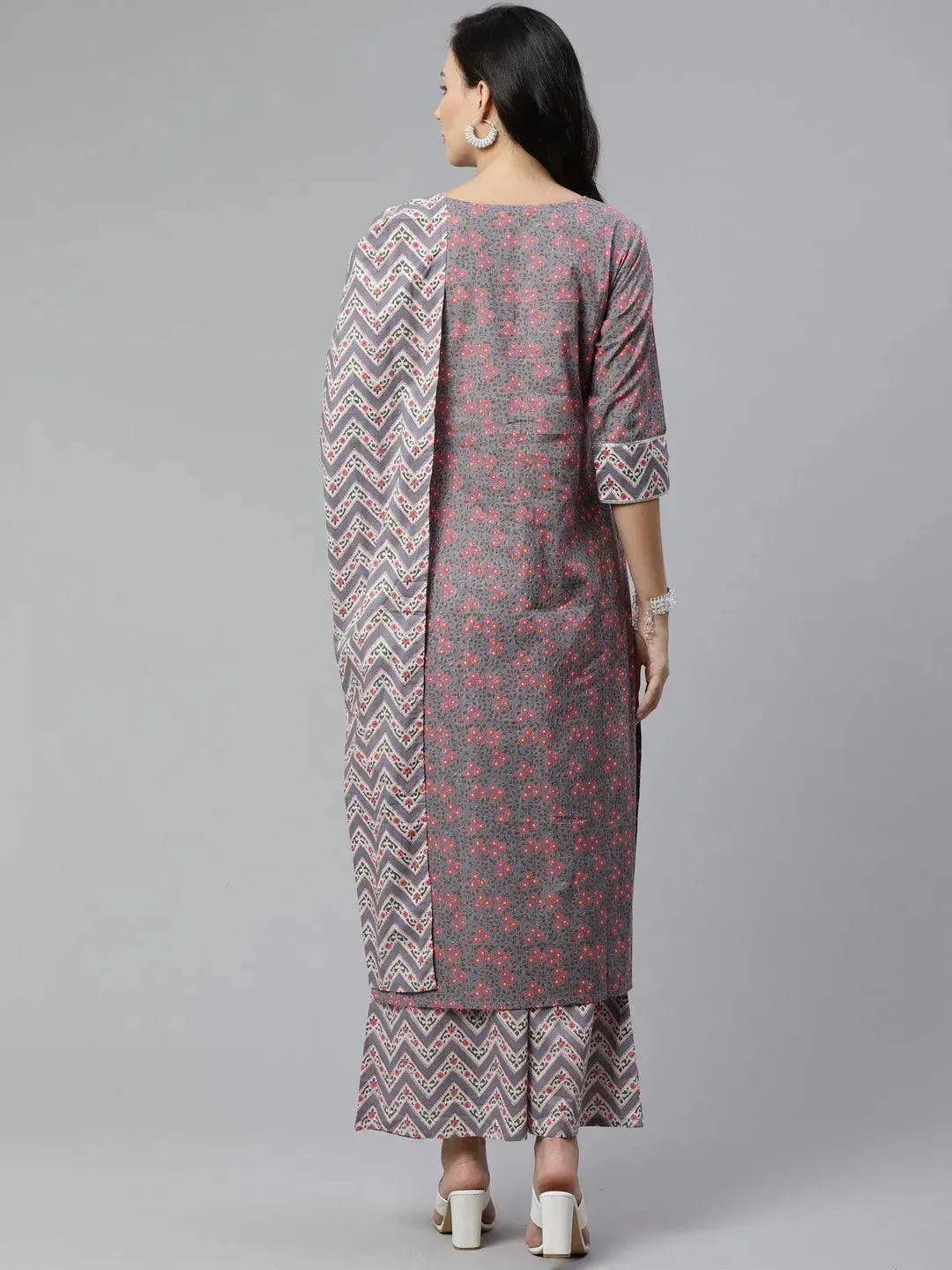 Grey Printed Cotton Straight Kurta With Palazzos & Stole