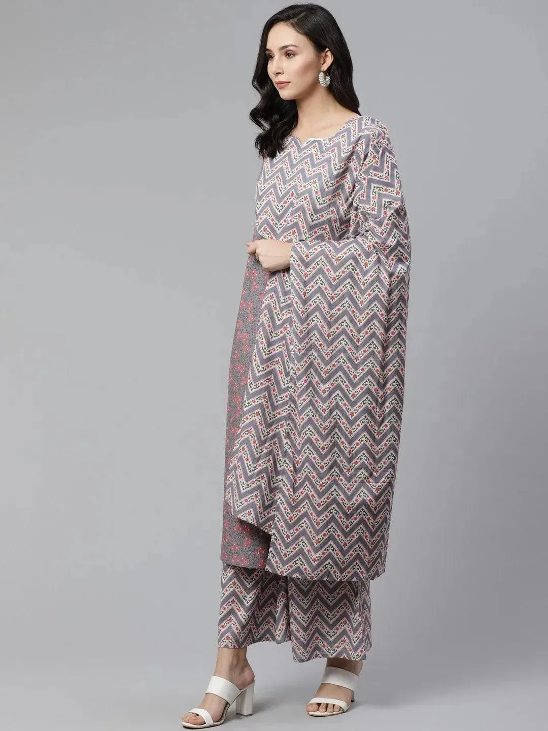 Grey Printed Cotton Straight Kurta With Palazzos & Stole