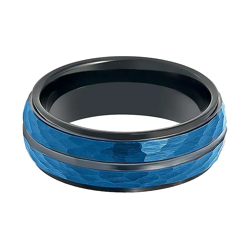 HARLO | Black Tungsten Ring, Blue Hammered, Black Groove, Stepped Edge