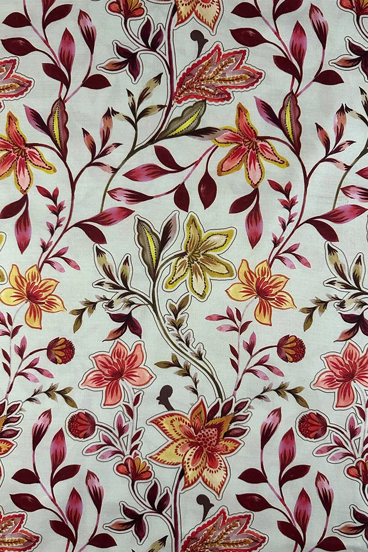 Ivory Floral Printed Modal Satin Fabric