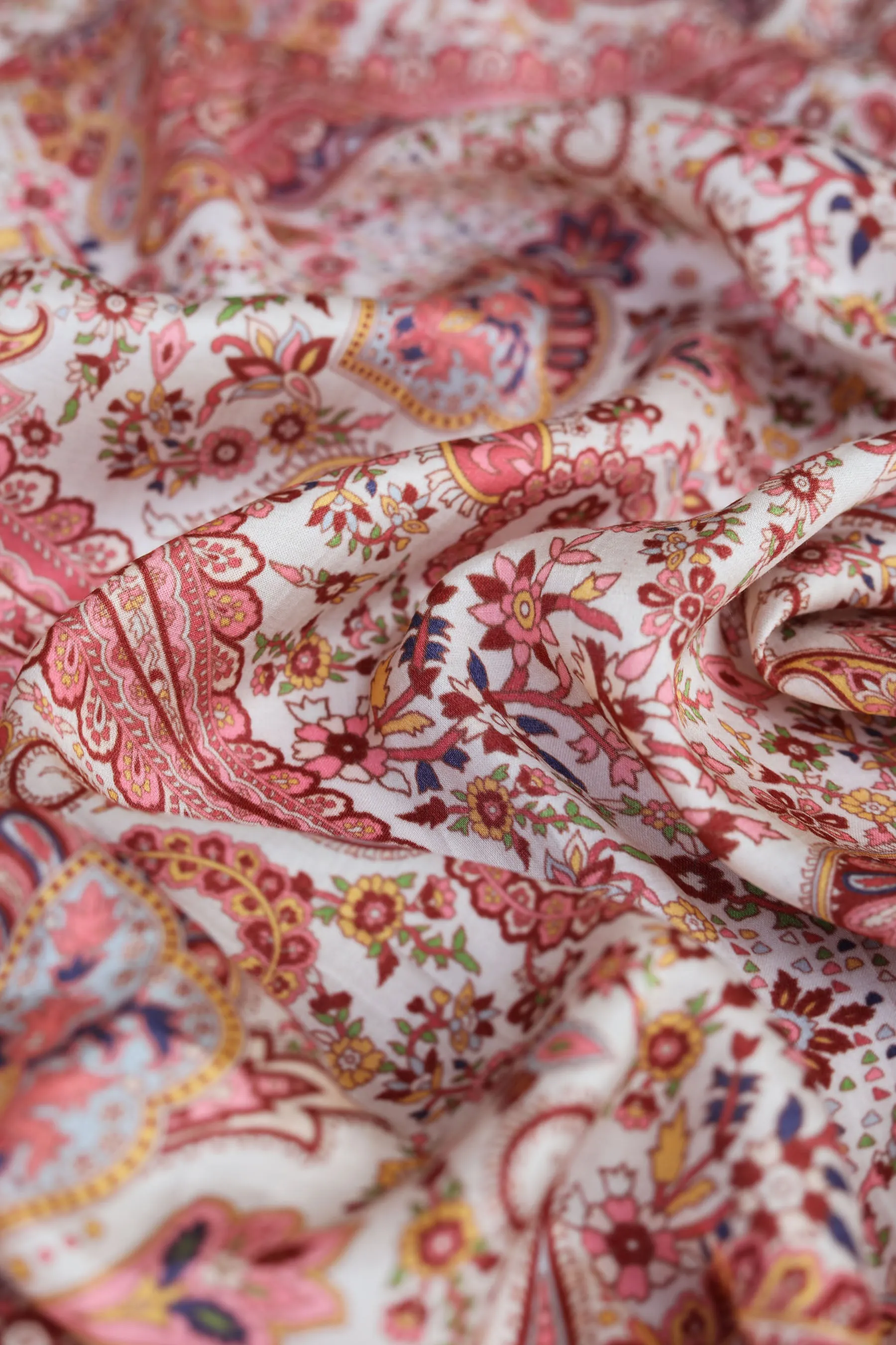 Ivory Paisley Printed Gaji Silk Fabric