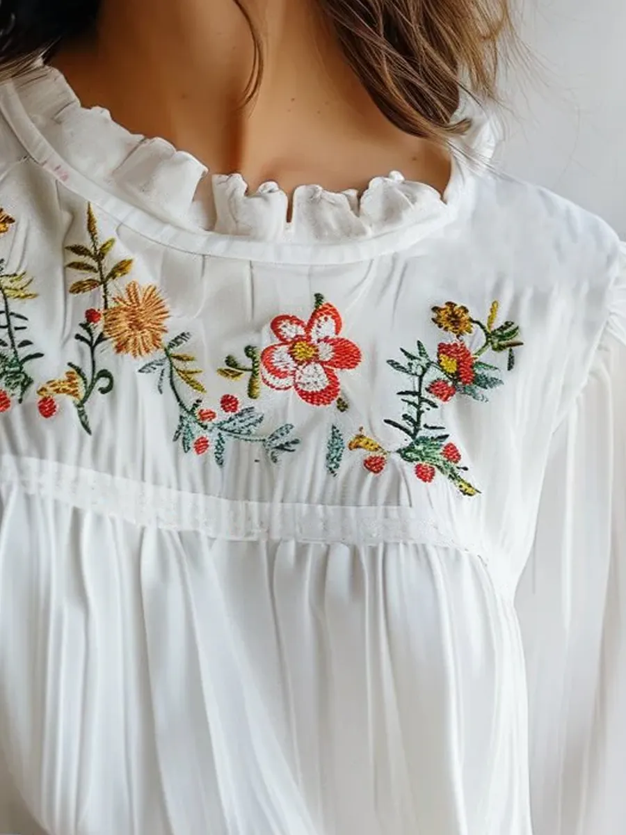 Lace Collar White Embroidered Blouse