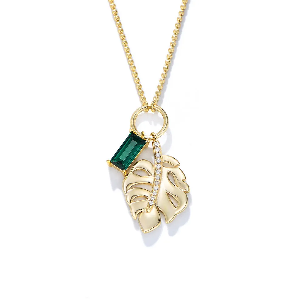 Leaf with Emerald Zircon Pendant Sterling Silver Necklace for Women