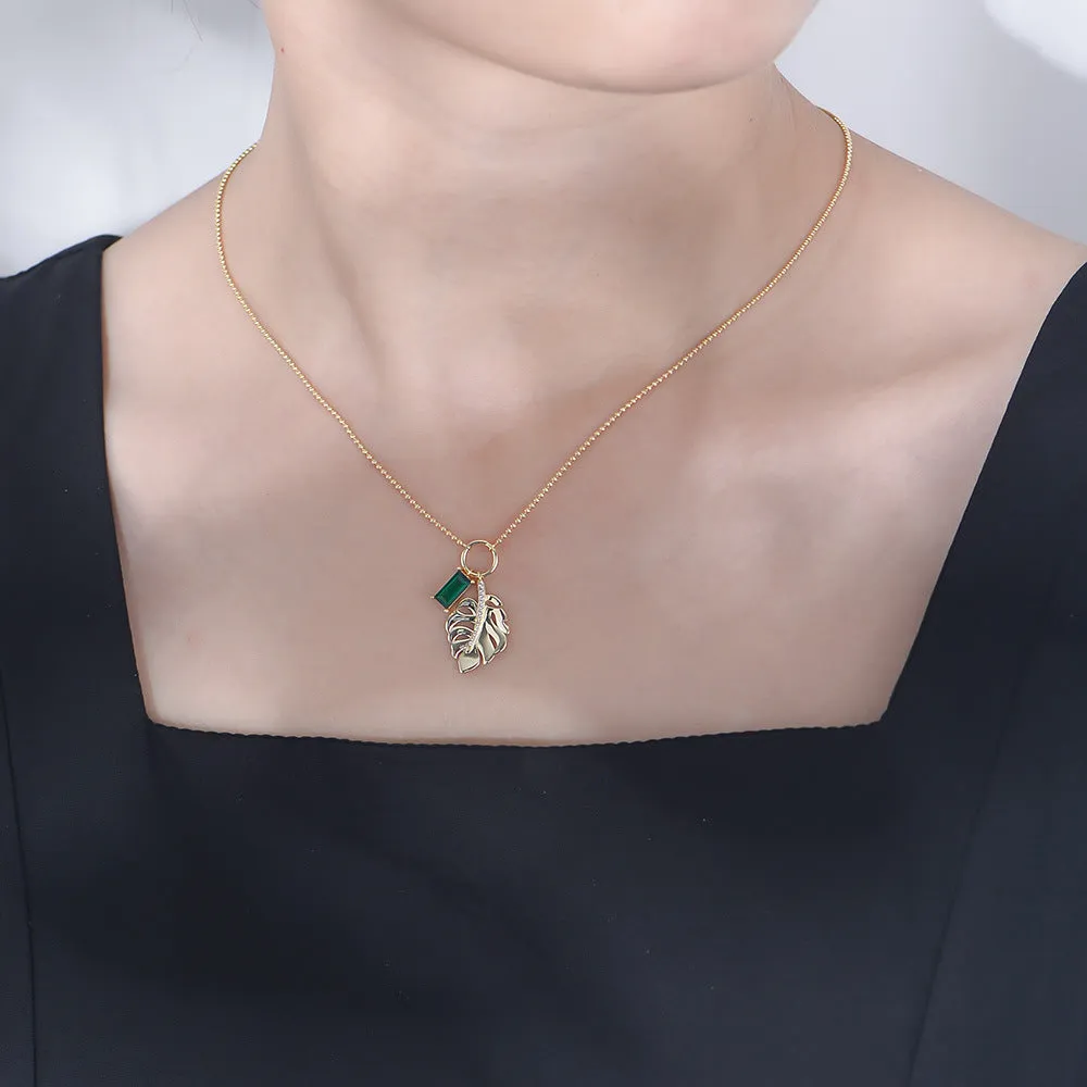 Leaf with Emerald Zircon Pendant Sterling Silver Necklace for Women