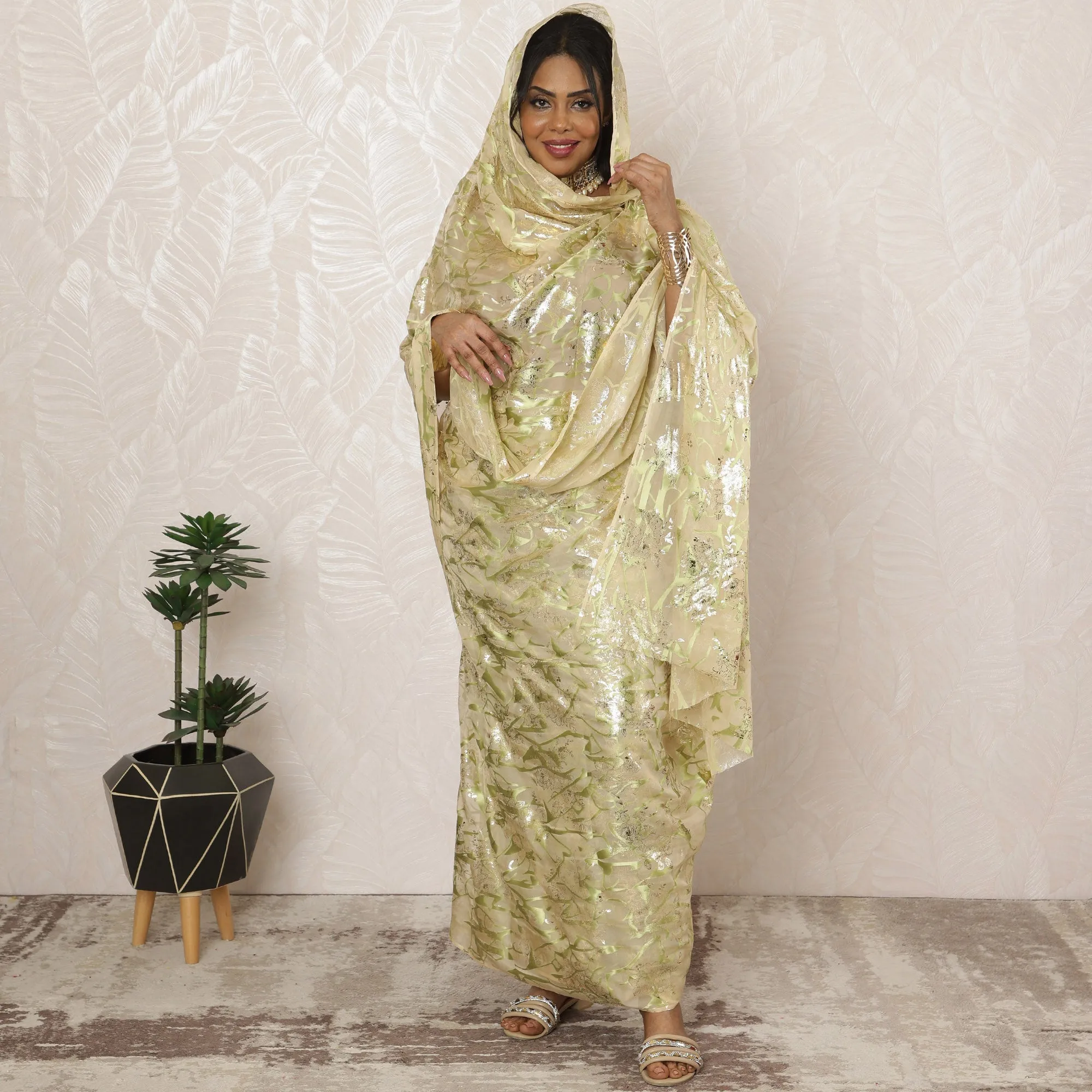 Light Gold Sudanese Thobe Fabric in Pure Silk Chiffon with Metallic Lurex and Jacquard, 4.5 Meters, 110 cm Width-D20408