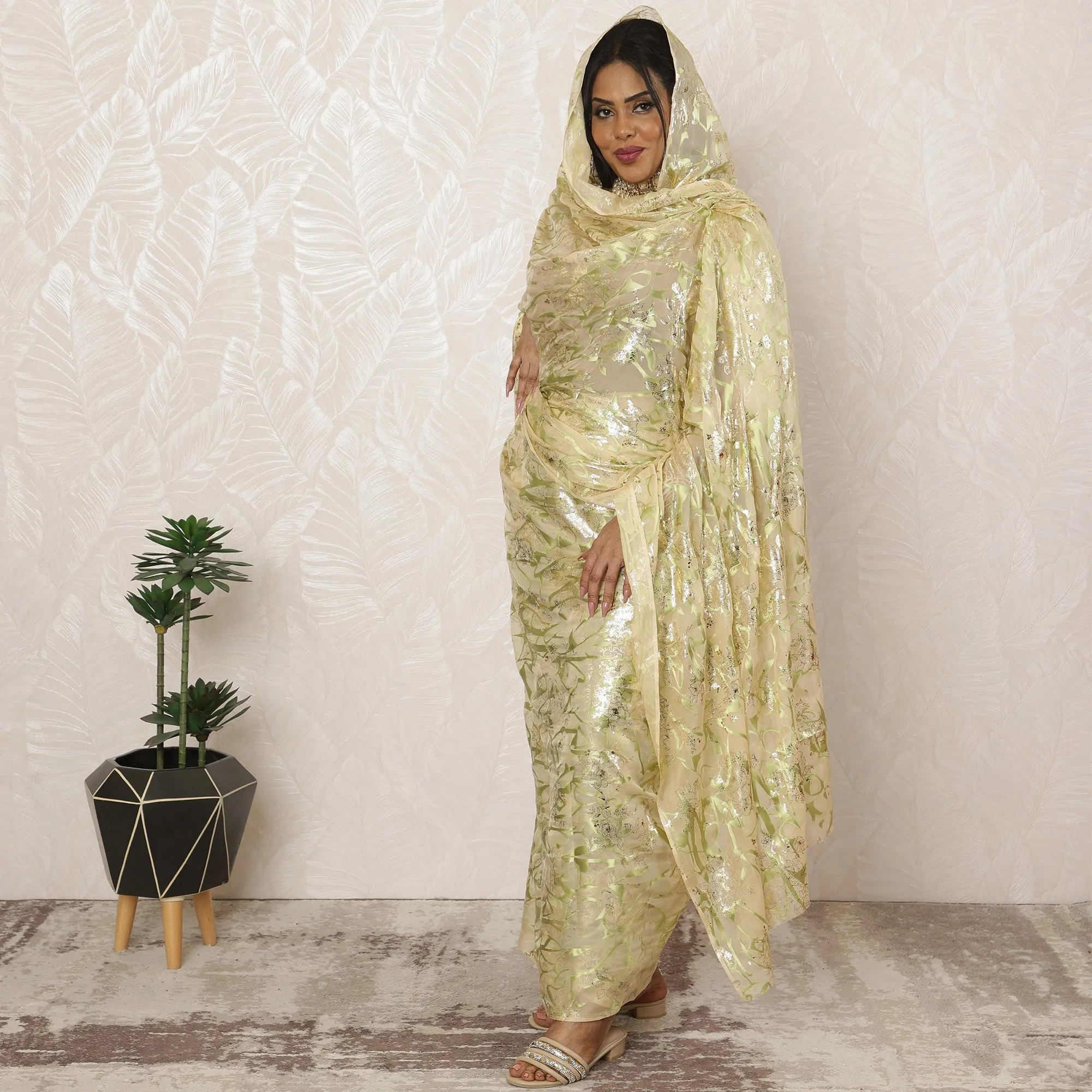 Light Gold Sudanese Thobe Fabric in Pure Silk Chiffon with Metallic Lurex and Jacquard, 4.5 Meters, 110 cm Width-D20408