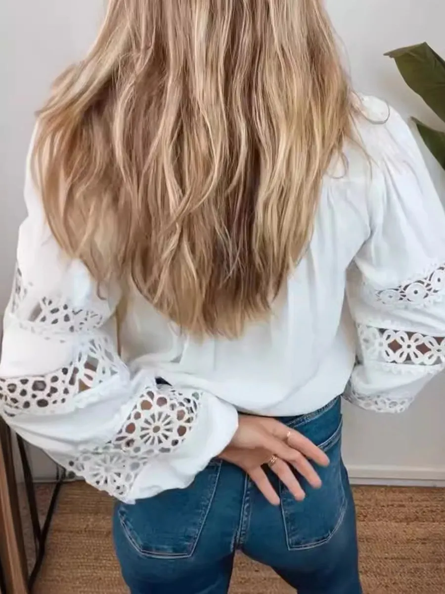 Long Sleeved Hollow Lace Embroidered Blouse