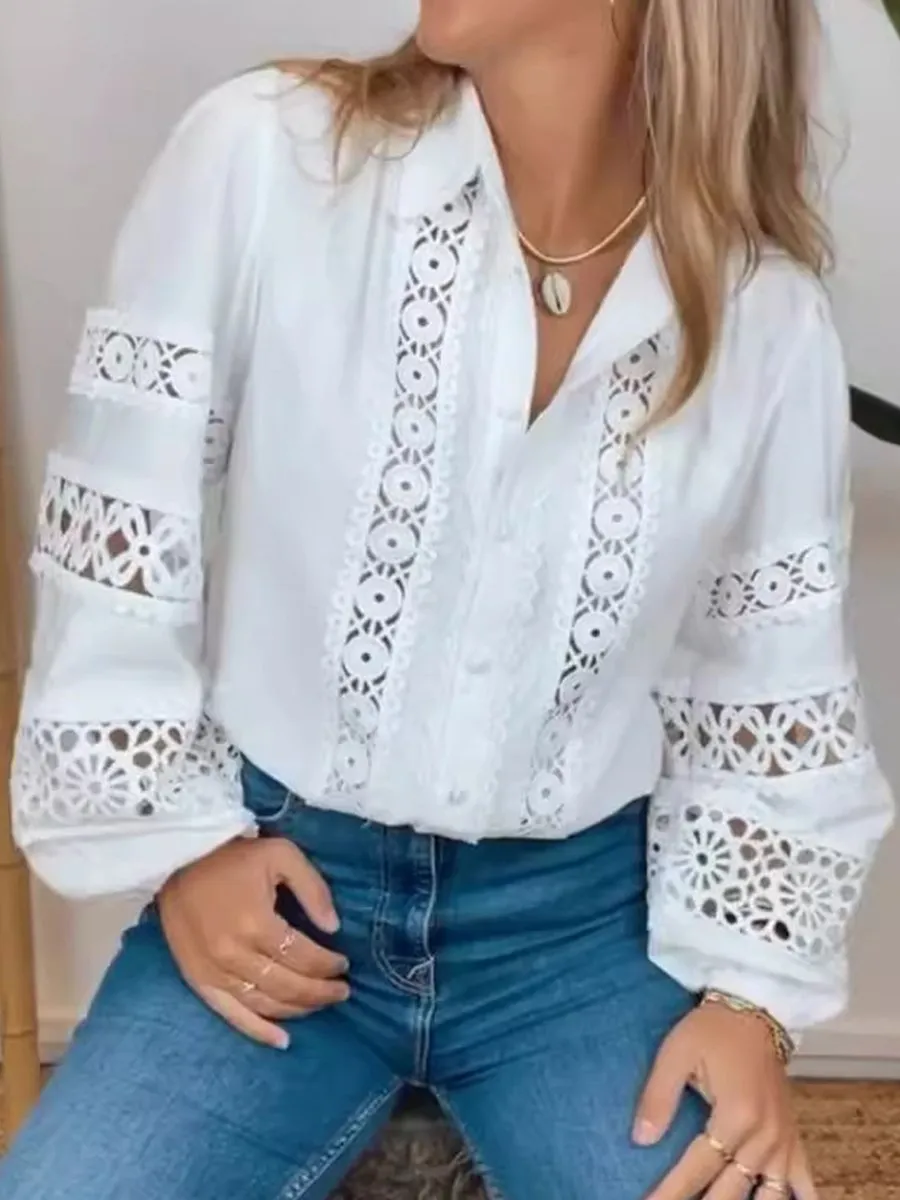 Long Sleeved Hollow Lace Embroidered Blouse