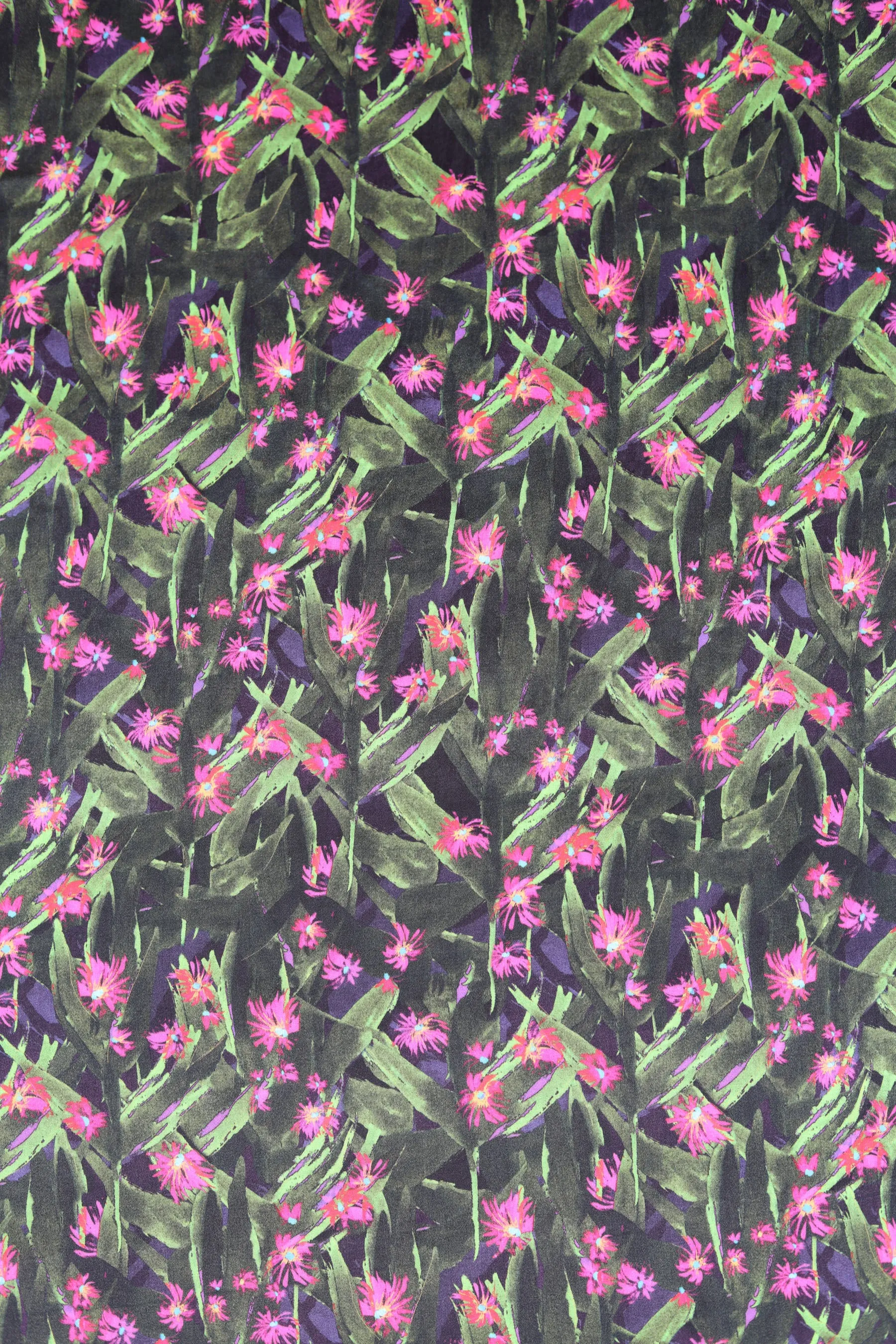 Midnight Fuchsia Pink & Green Floral Printed Gaji Silk Fabric