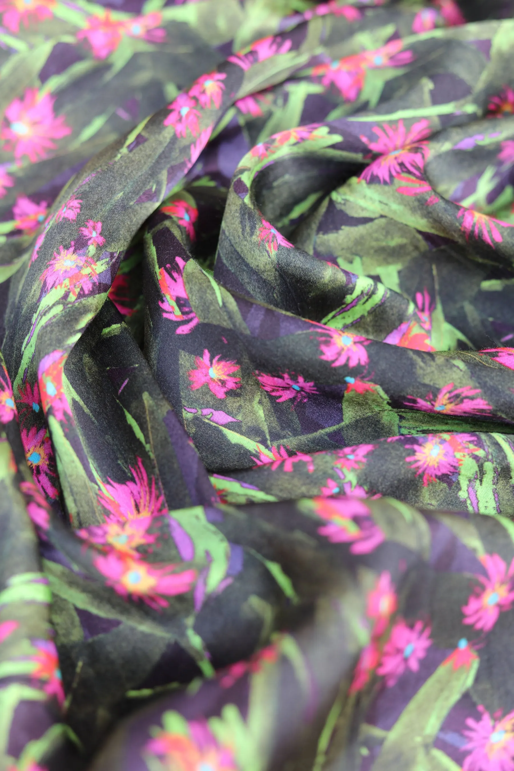 Midnight Fuchsia Pink & Green Floral Printed Gaji Silk Fabric