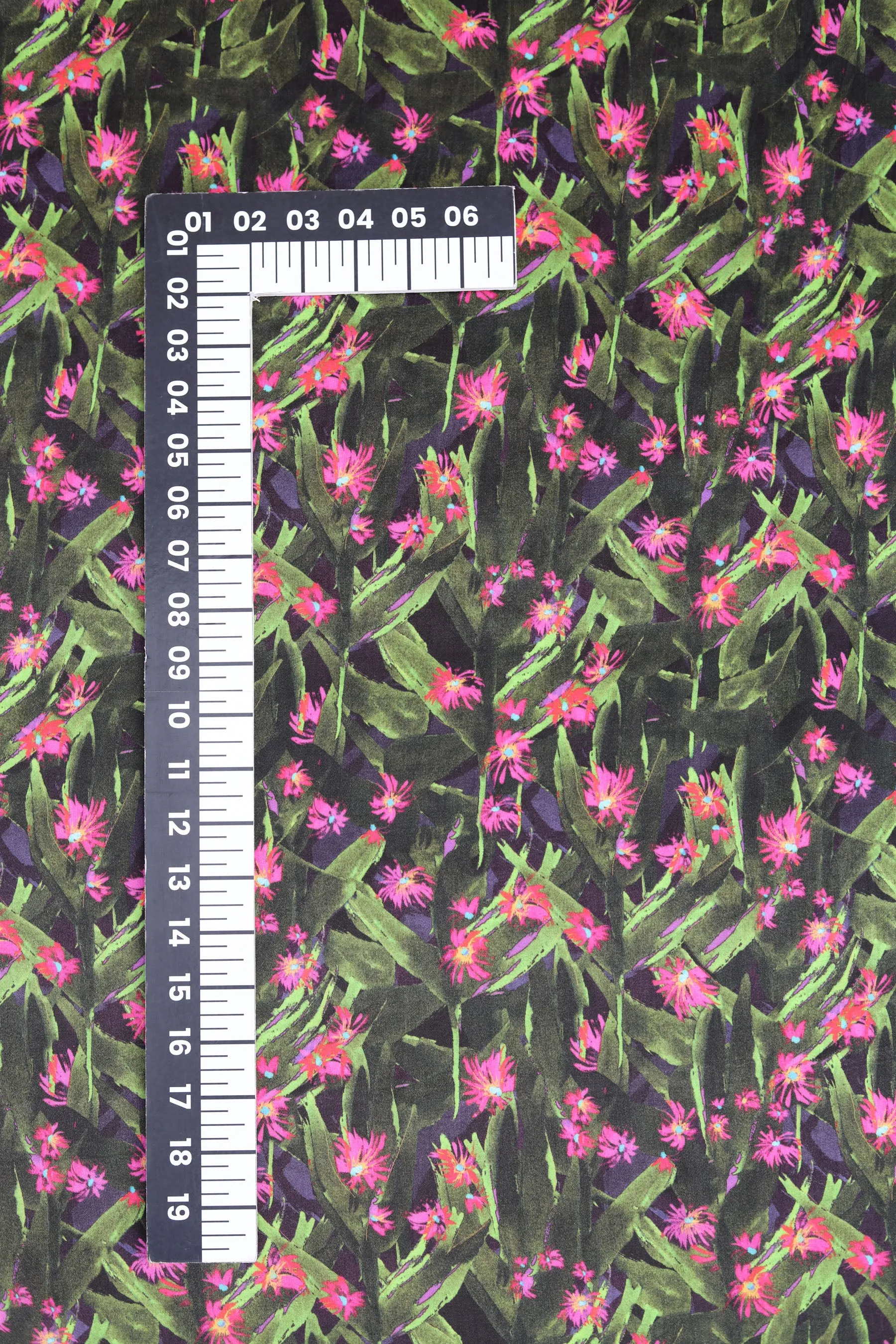 Midnight Fuchsia Pink & Green Floral Printed Gaji Silk Fabric