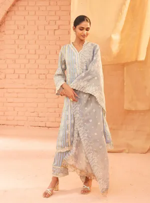 Mulmul Banarsi Hayden Blue Kurta With Mulmul Banarsi Hayden Blue Pant