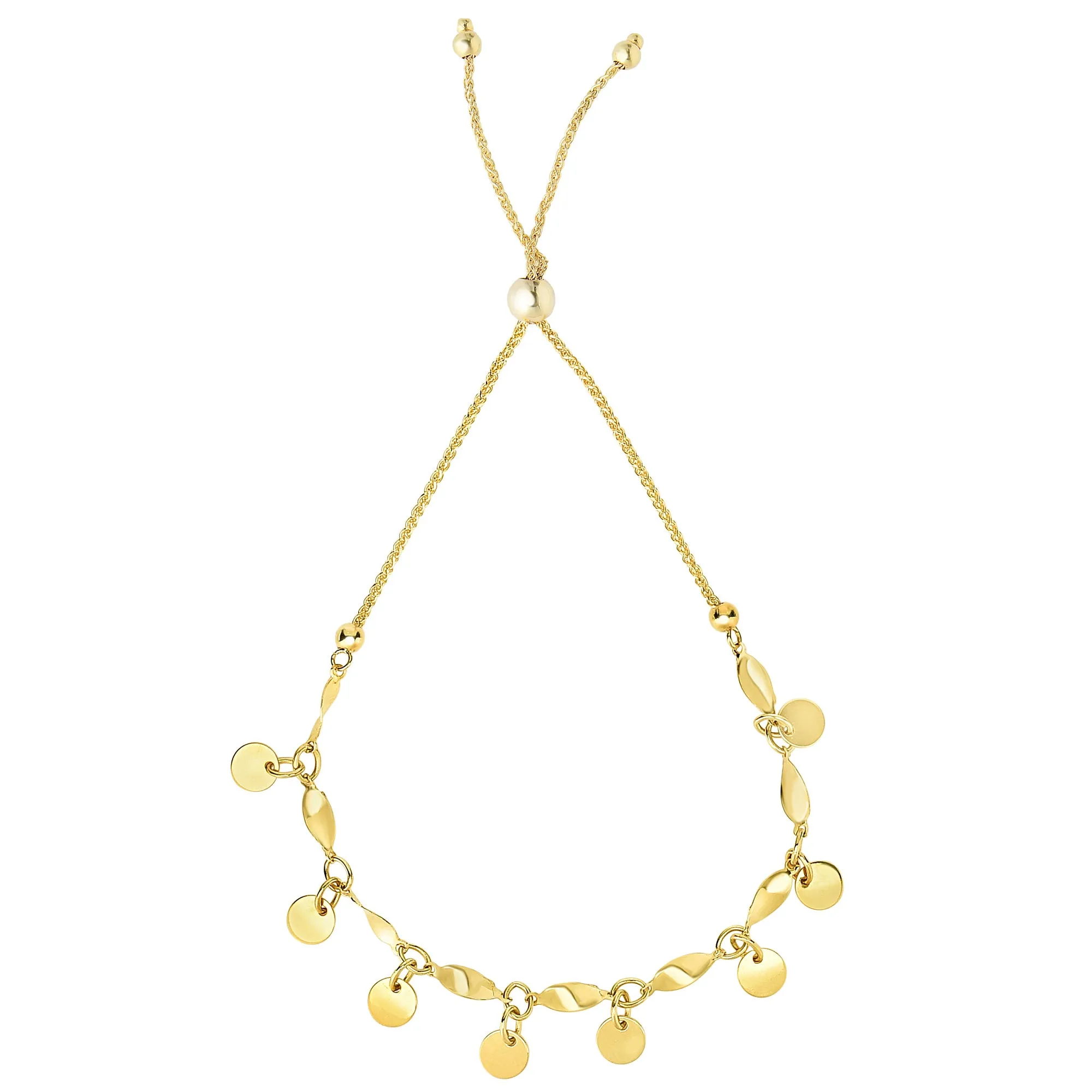 Multi Strand Round Disc Bolo Friendship Adjustable Bracelet In 14K Yellow Gold, 9.25"