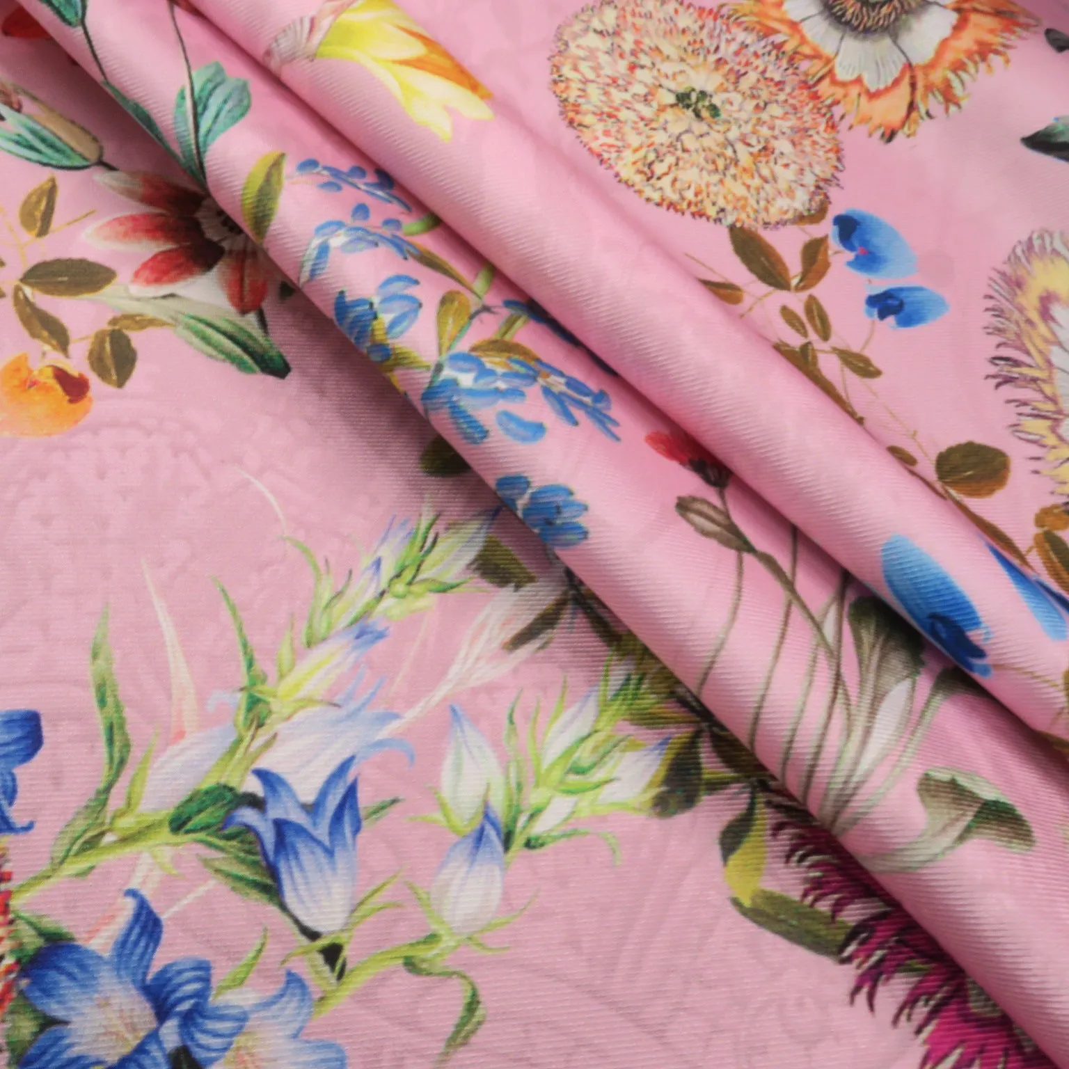 Multicolored Floral on Pink Printed Polyester Mikado Fabric