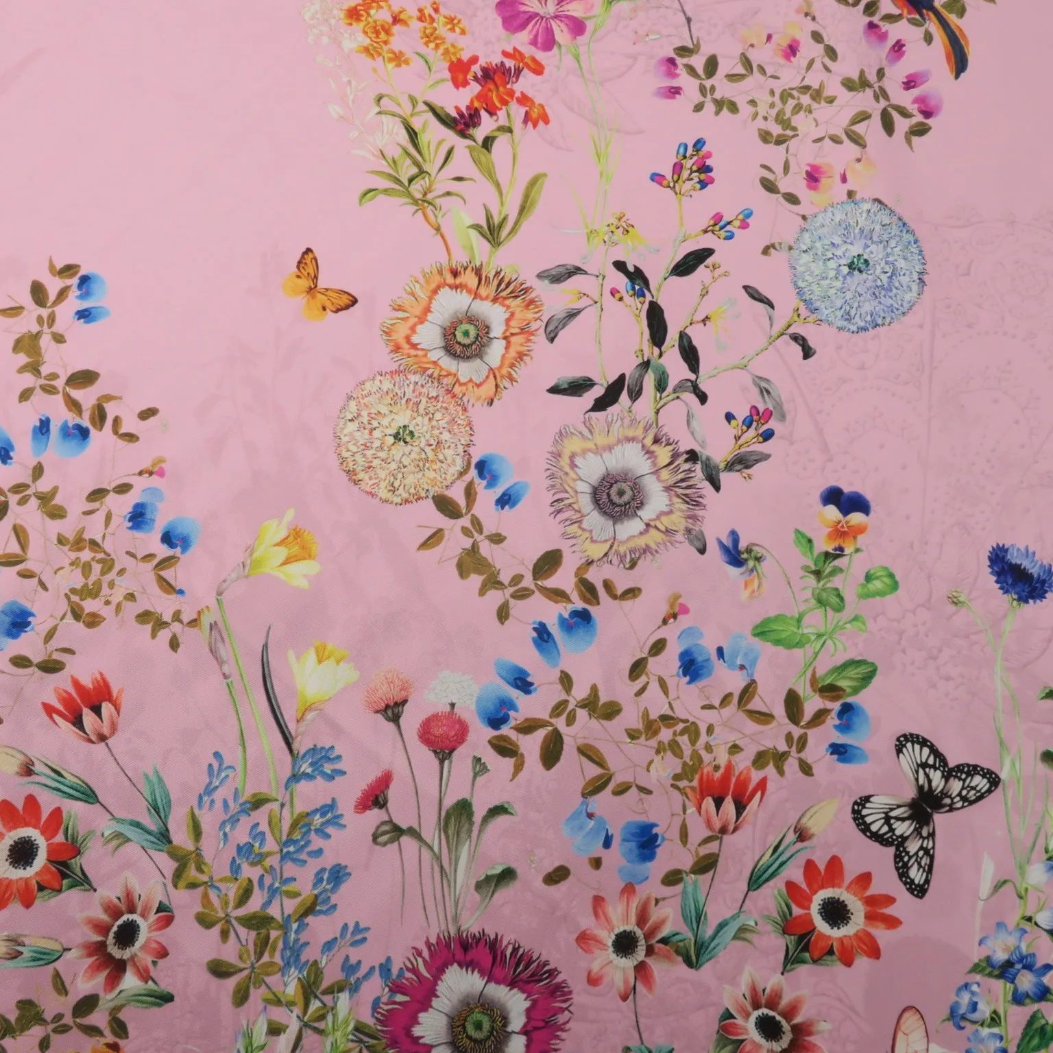 Multicolored Floral on Pink Printed Polyester Mikado Fabric